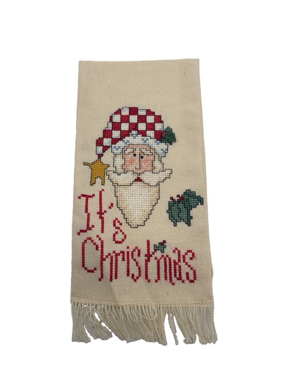 Vtg Completed Santa "It's Christmas" Finished Cross Stitch Wall Hang Grandmacore